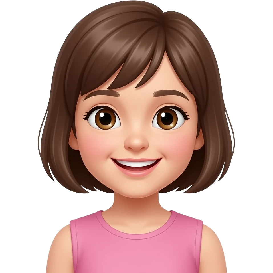 Pixar 3D emoji of Mia, 6-7 years old girl with short brown hair, happy smile, big eyes. Face and shoulders only. 512px x 512px, 1:1 ratio, transparent background, PNG. Scraps and Gifs watermark. emoji