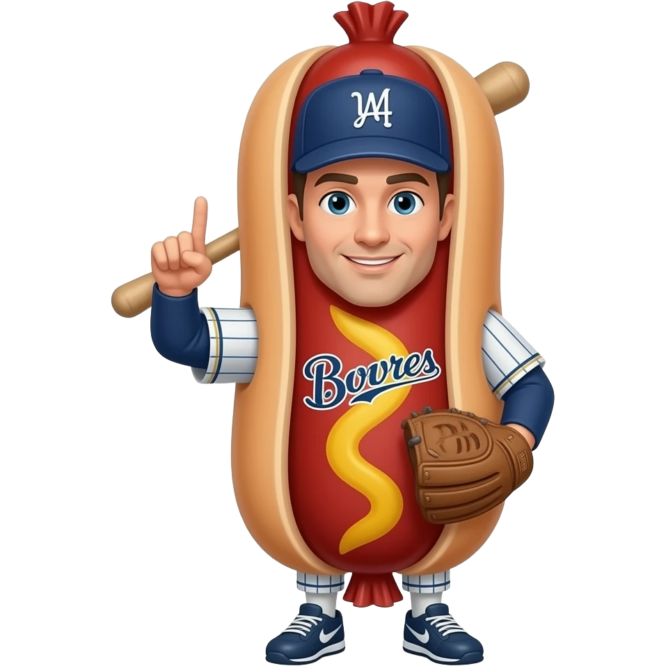Baseball player in a sausage costume that says Milwaukee Brewers emoji