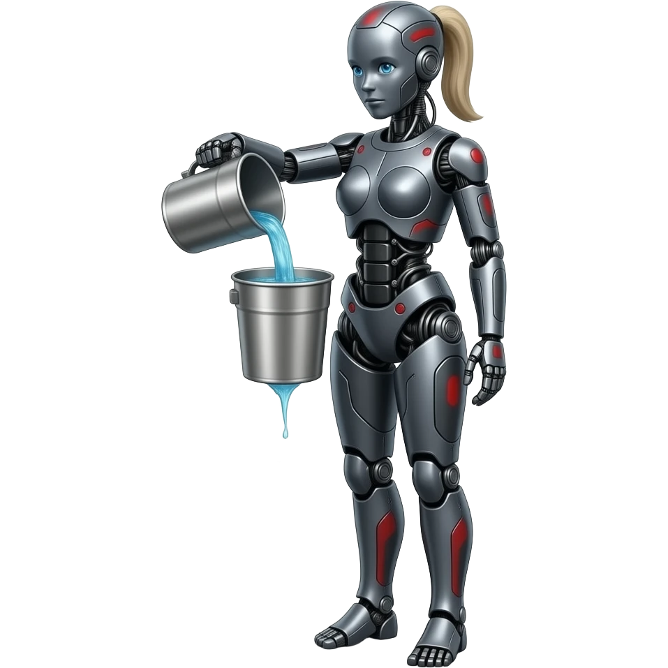 full body, full length body,  Entire body, Mechanical female robot made of dark gray metal with black and red markings Pouring water from a steel container, full length body, no human features, robot face, robot head, full body from head to toe emoji