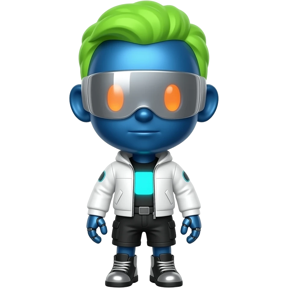 A futuristic robot character with a huge head and tiny body, polished cobalt-blue metal plating, short neon-green synthetic hair, a silver visor, a white tech jacket, glowing cyan chest panel, black utility shorts, magnetic boots, and bright orange eyes. emoji