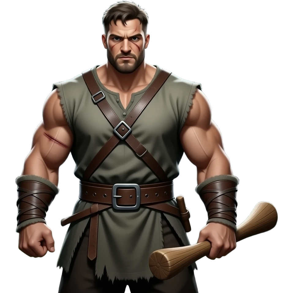 Tough villager portrait facing front, massive muscular build, rugged ordinary face, short messy hair, simple villager clothes, serious expression, dark fantasy style emoji
