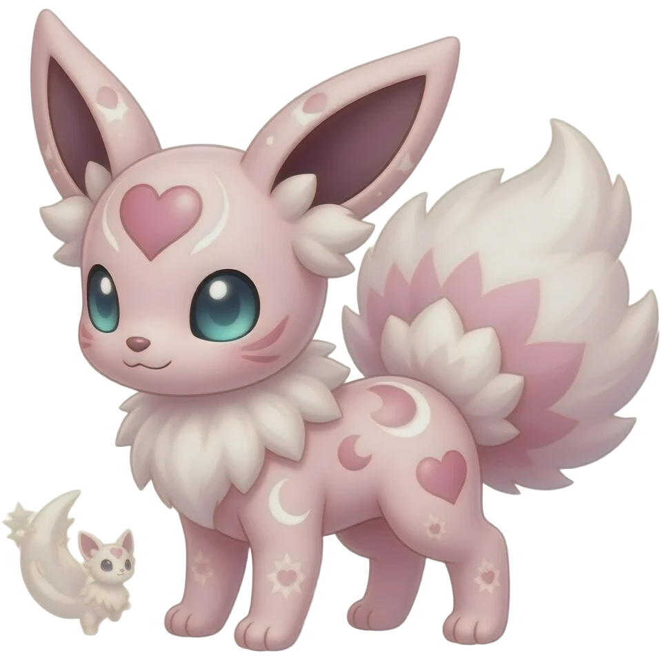 Fuzzy cozy aesthetic Rosy beautiful gorgeous pretty Petite shiny glossy sparkly romantic pastel damask Absol-Sylveon-Amaura-Aurorus-Espeon-Fakemon-hybrid with heart and moon patterns emoji