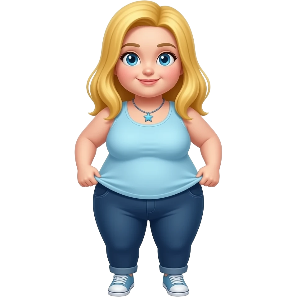 Chubby white girl blue eyes yellow long hair light blue tank top star necklace dark blue plain pants showing her feet lifting her shirt emoji