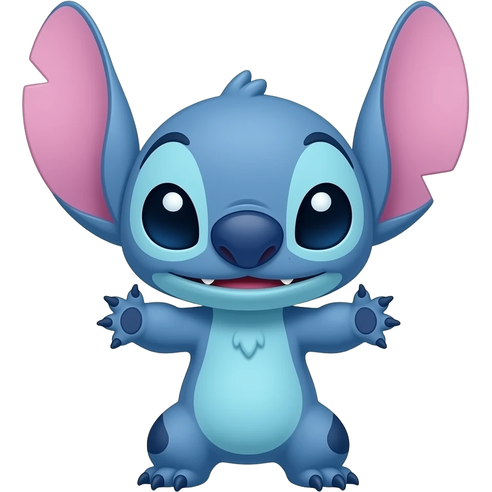 Un Stitch azul con grandes orejas rosadas, una nariz rosa y una sonrisa juguetona. Está de pie con garras pequeñas, con un pelo azul claro y detalles oscuros en las orejas emoji