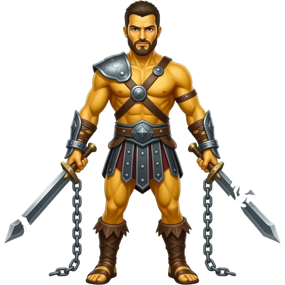 spartacus, minimal, full body, yellow skin, tipical emoji caracter style, more emojis style, more minimal, with weapons, more simplistic, emoji style, shackles on wrist with broken chains emoji