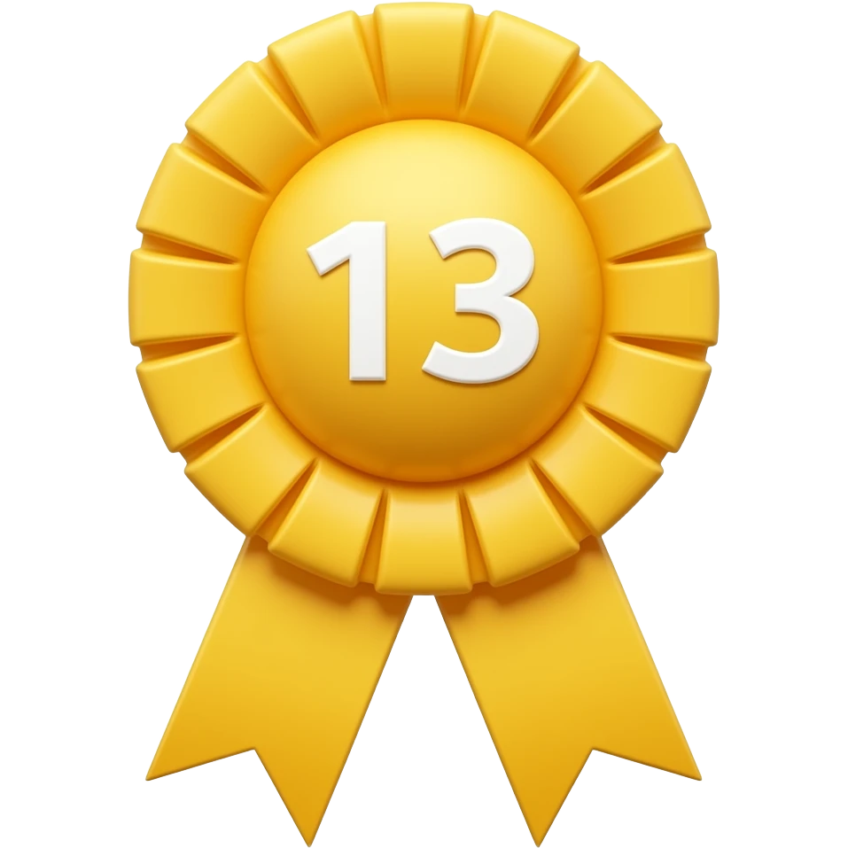 a prize ribbon that is sunshine yellow and has a 13 in the middle emoji