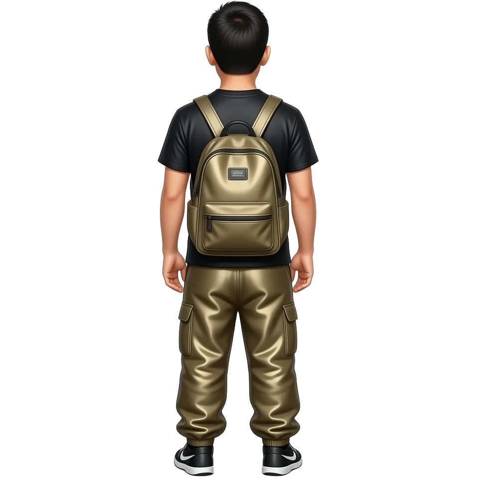 Mike Shinoda from behind with black metallic T-shirt, dark beige metallic baggy joggers emoji