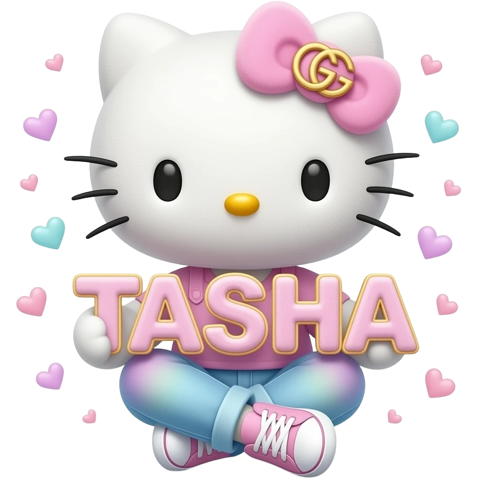 4D Velvety fur texture hello kitty wearing ombre white and blue and pink ombre pastel colored skinny jeans and sneakers, and with the Gucci symbol on her ombre pastel bow sitting down holding the velvety 3D outlined letters TASHA and surrounded with tiny ombre pastel hearts made of candy emoji