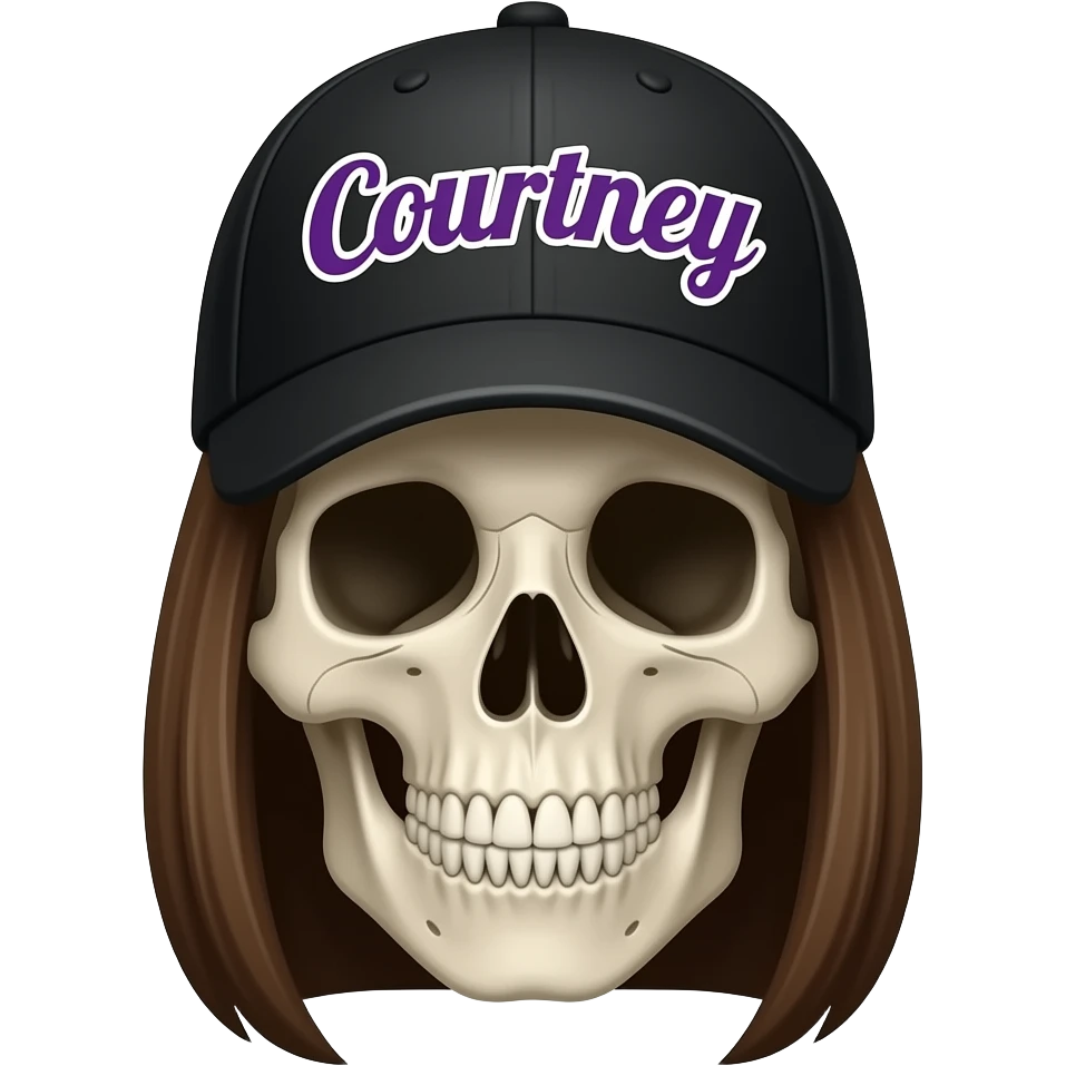 A skeleton head wearing a black baseball cap that says "Courtney" with purple lettering and white bordering, with long straight brown hair emoji