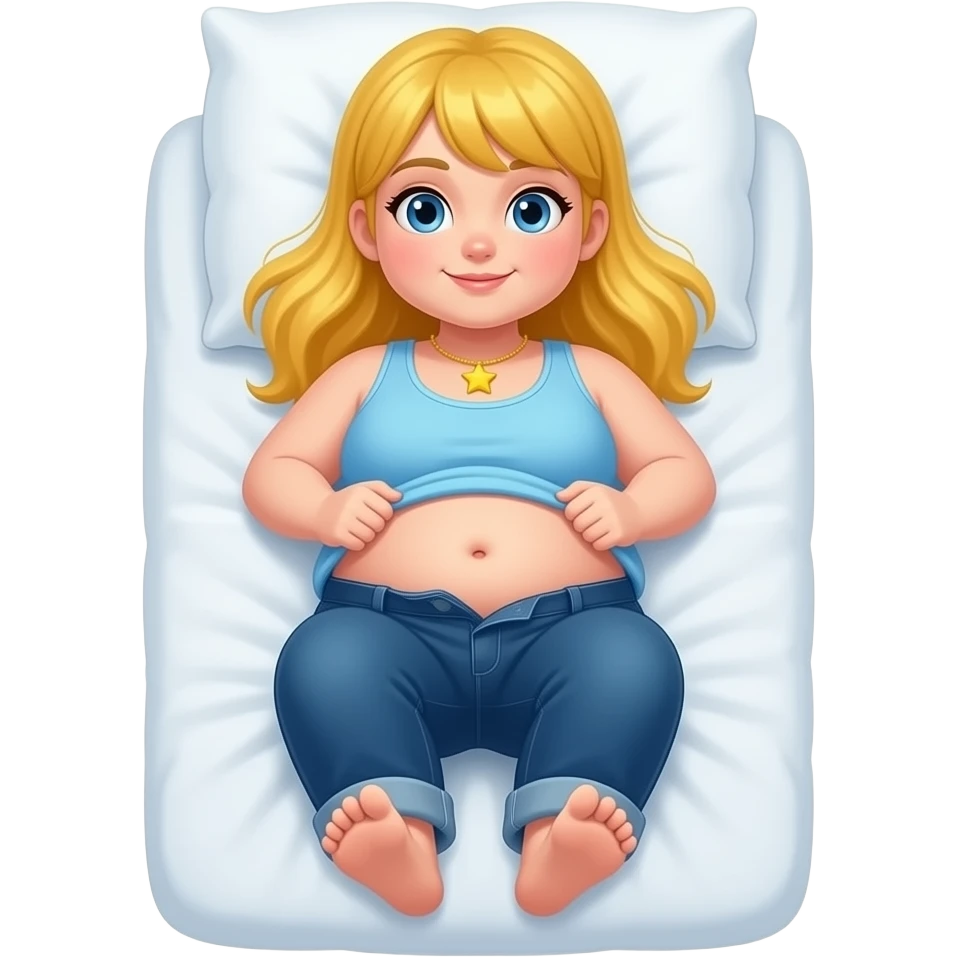 Chubby white girl blue eyes yellow long hair light blue tank top yellow star necklace dark blue plain jeans showing her feet lifting her tank top up to show chubby belly button laying down on her pillow in bed to show feet emoji