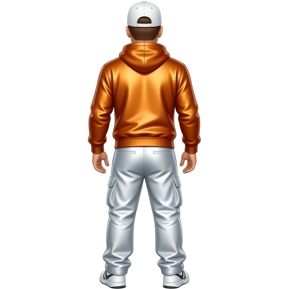 Donnie Wahlberg from behind with white cap, orange metallic sweatshirt, white metallic baggy pants emoji