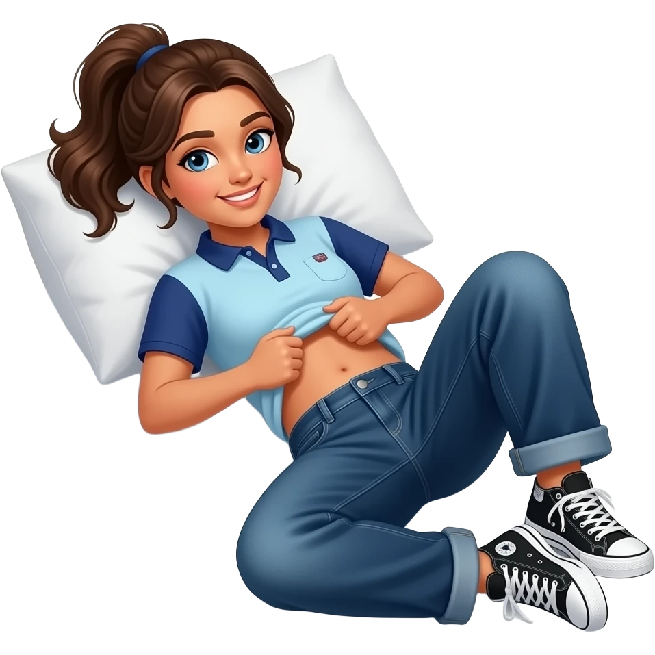 Hispanic girl with brown ponytail and blue eyes light blue and dark blue polo and dark blue baggy jeans and white and black sneakers and belly button laying down on her pillow on her bed lifting her shirt doing a belly rub emoji