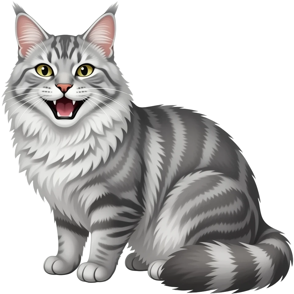 Silver tabby maine coon with laugh, more fur, thin, nose with yellow emoji