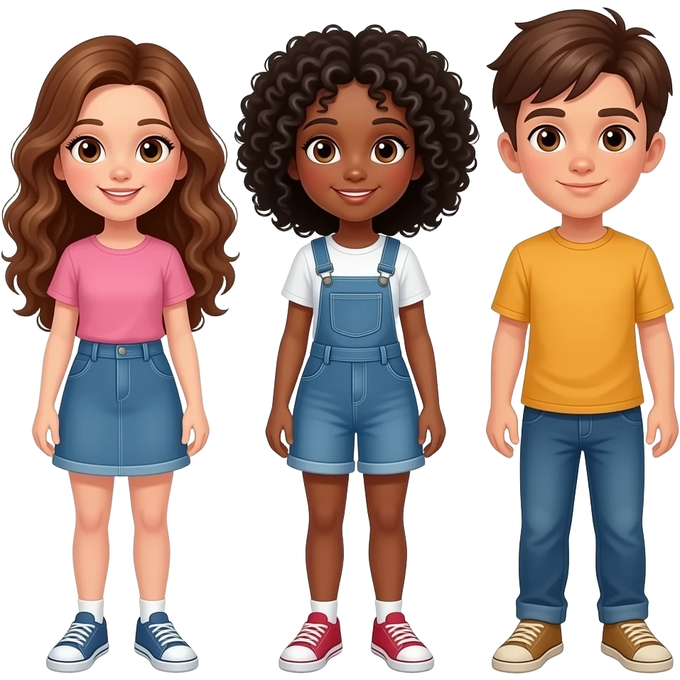 Creame una imagen donde se véan a una chica con el pelo largo rizado marron con los ojos marro es, otra chica con el pelo rizado negro con ojos marrones, dos chico con el pelo marrón y ojos marrones para hacer una camiseta para ir a ver la Fórmula 1 emoji