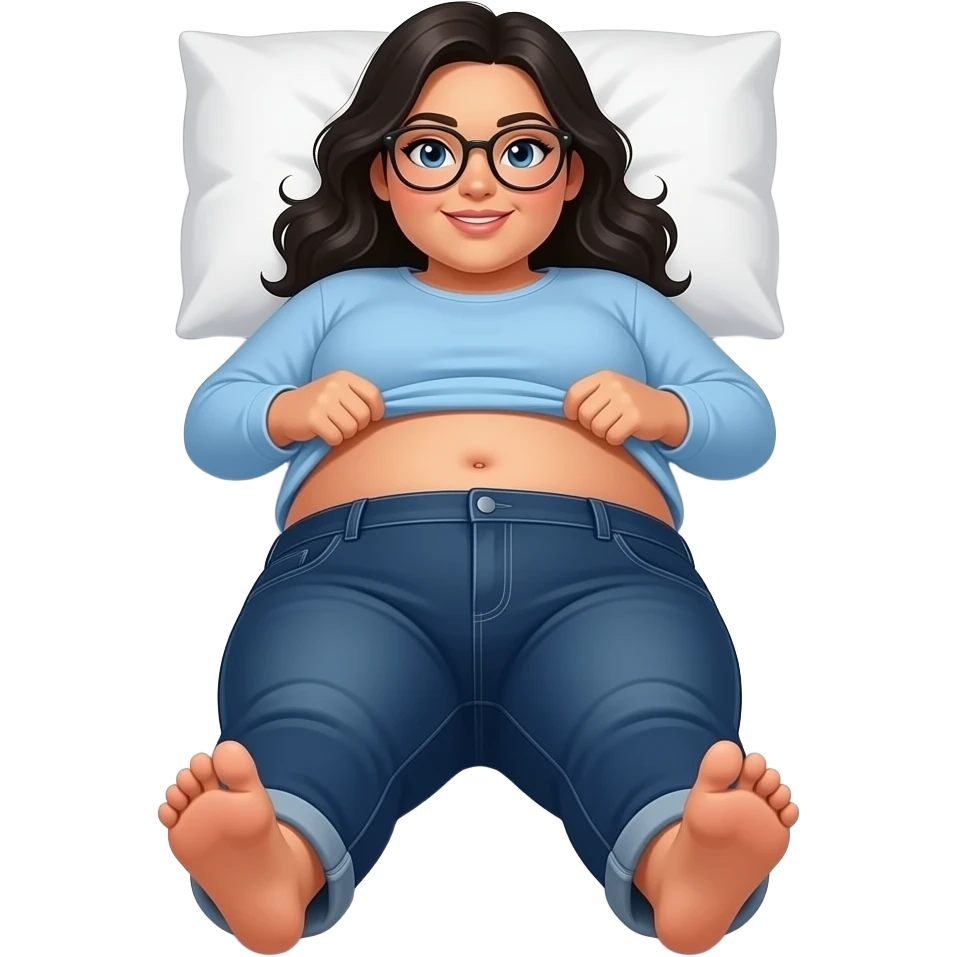 Obese Hispanic woman with black hair and blue eyes rounded black glasses plain light blue long sleeve shirt and dark blue baggy jeans and belly button laying down on her pillow on her bed showing her feet lifting her shirt all the way up emoji