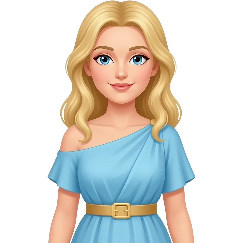 Greek godess with blonde hair, light blue dress that covers BOTH shoulders and beige wide belt emoji