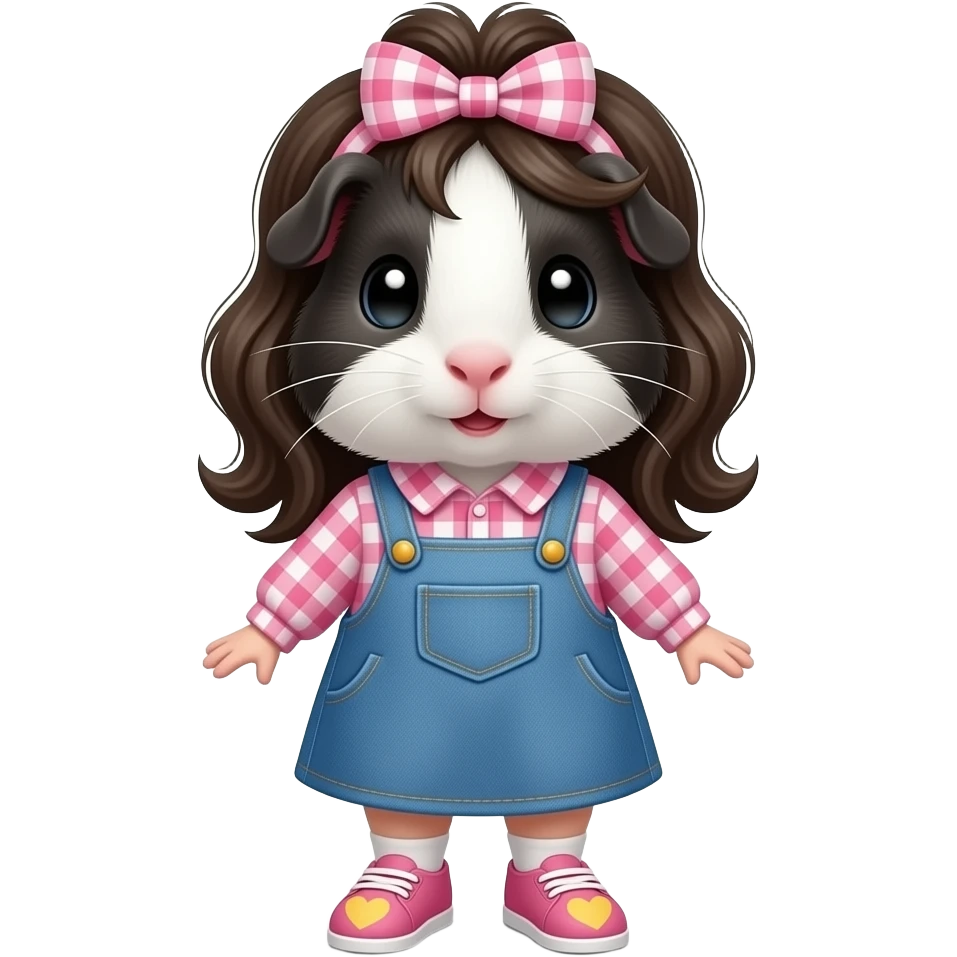 black and white guinea pig with pink long sleeve gingham shirt, jean dress, pink shoes with yellow hearts and a pink gingham bow in hair emoji