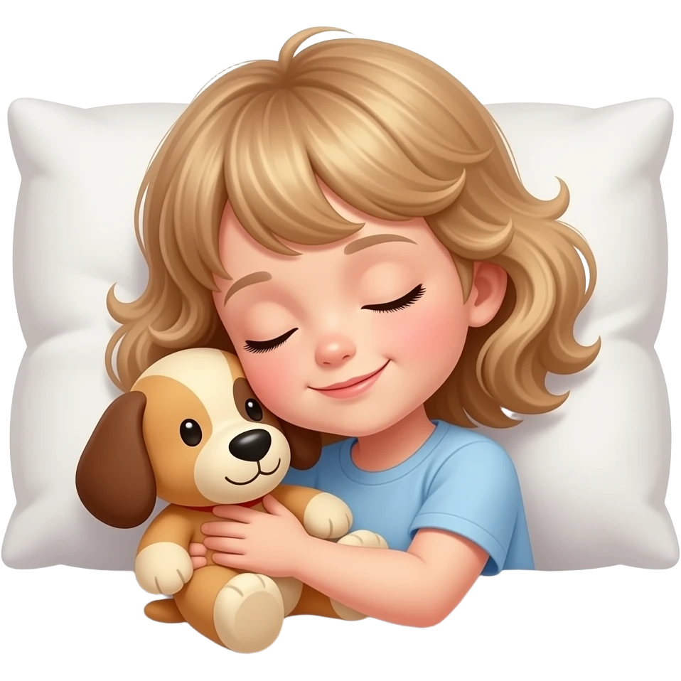 white kid  mid length hair to shoulders with bangs soft curly hair to shoulders in color: middle to little darker blond. sleeping on a pillow with a soft smile and hugging a brown beige stuffed dog emoji