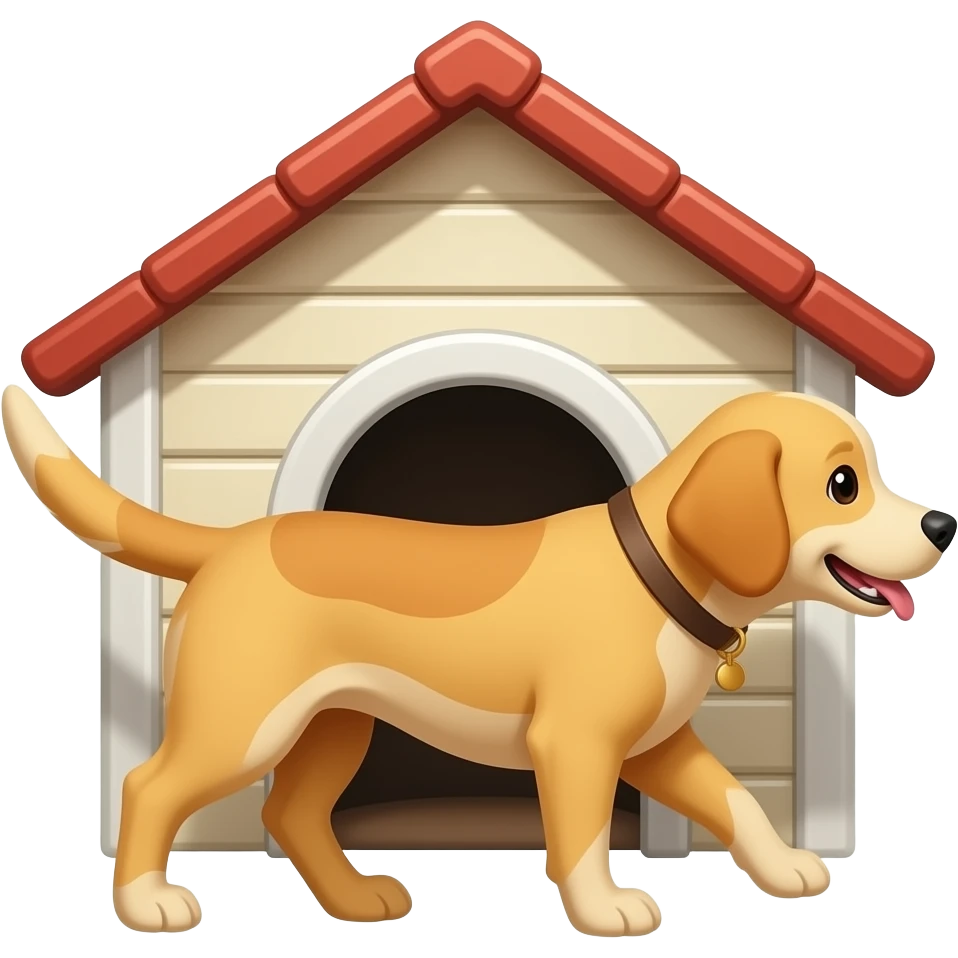 The Golden dog walks into the doghouse. emoji
