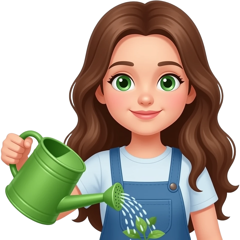 a closeup of a girl with long brown hair and small green eyes watering plants with a green watering thing emoji