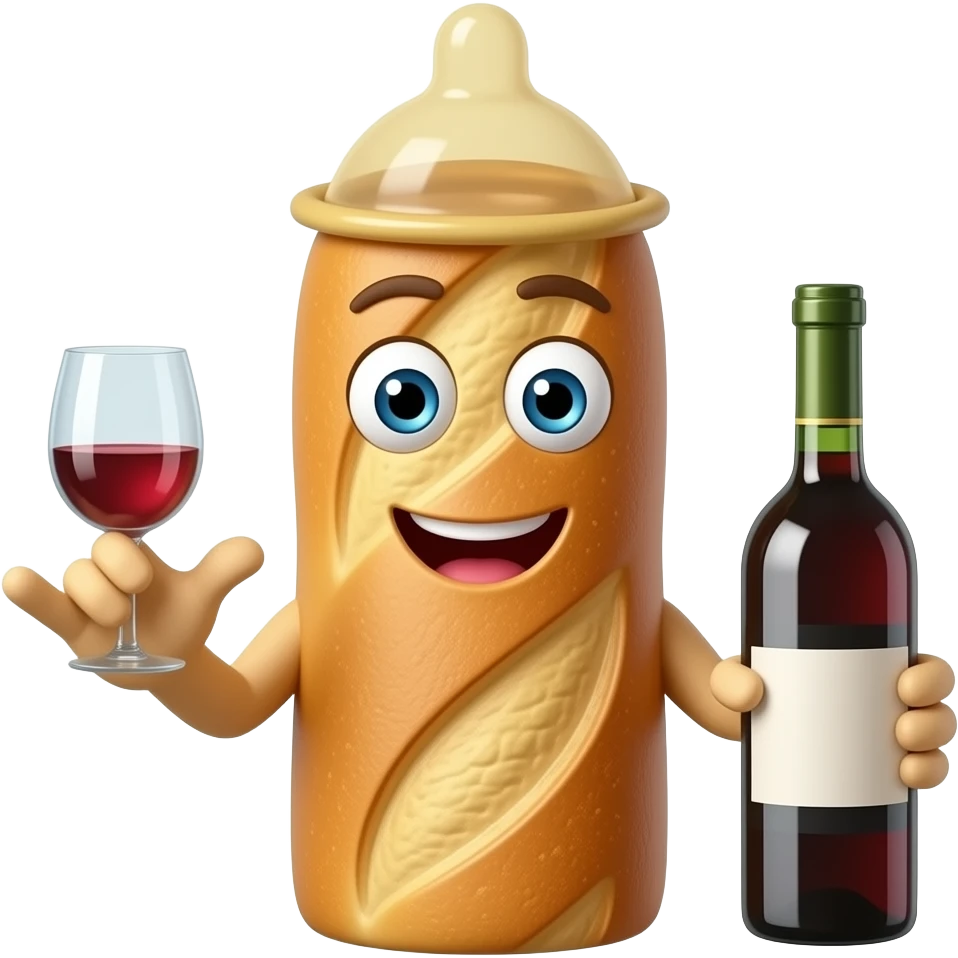 Longue Baguette avec une bouche, des yeux et des bras. Elle a un preservatif sur le haut de la tete et une bouteille de vin dans la main. L'autre main a 2 doigts tendus emoji