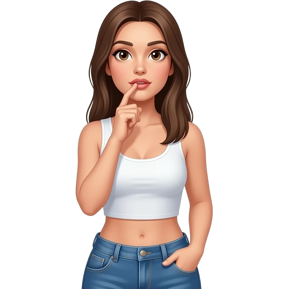 Woman thinking and looking up wearing white crop top with jean pants. Brown eyes and dark blonde straight long hair. Very sexy and seducing eye look. emoji