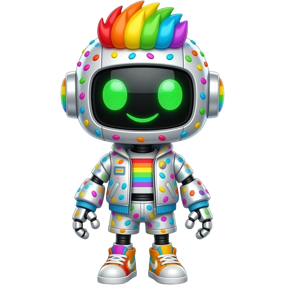 Rainbow Sprinkle Robot. A colorful sprinkle-covered robot with a giant head, tiny body, shiny metallic pastel plating, rainbow sprinkle hair, glowing green eyes, a frosting-inspired jacket, candy shorts, colorful sneakers, and a happy expression. emoji