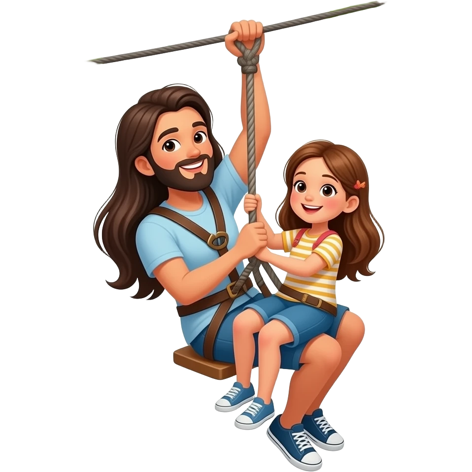 a man with black hair and a black beard with a woman with long brown hair and a little girl with long light brown hair on a zip line in the jungle emoji