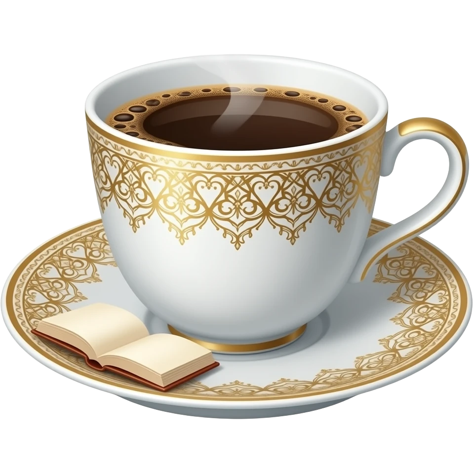 book and coffee on it in a white cup whit golden details emoji