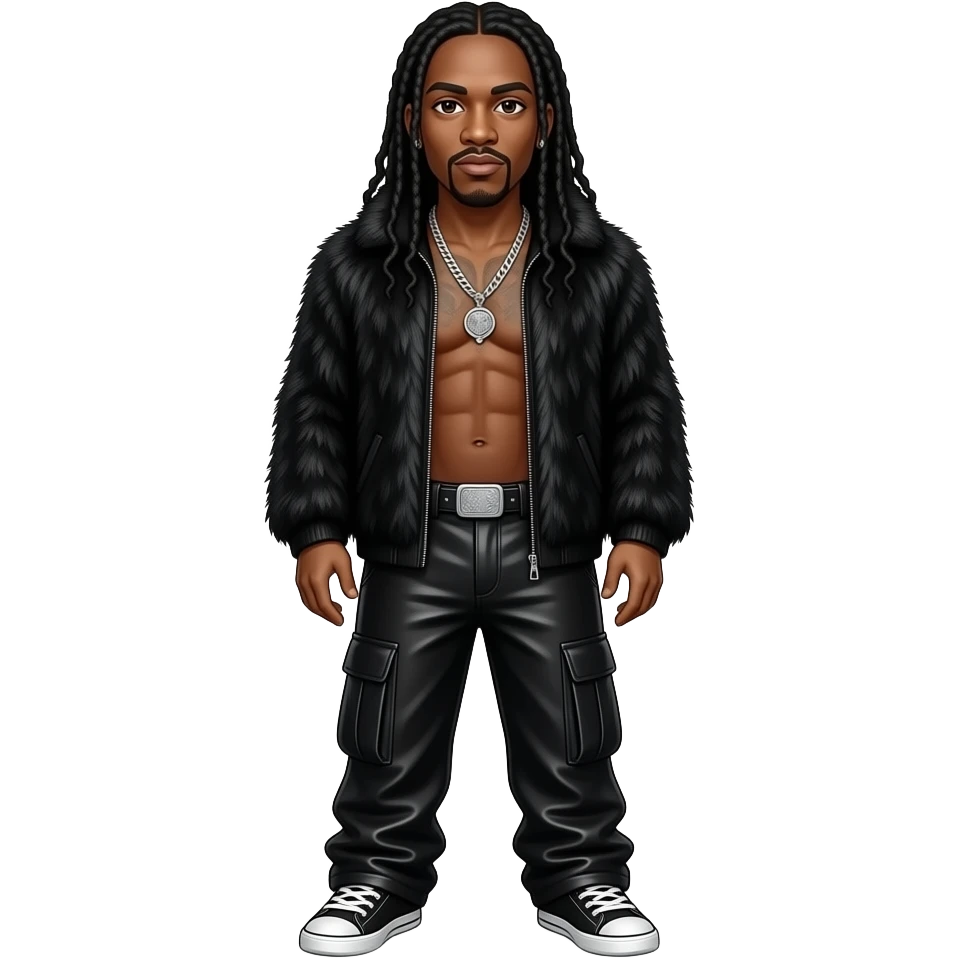 Krayzie Bone from Bone Thugs-N-Harmony with brown eyes, long black hair, black fur shawl, black metallic baggy pants, shirtless with necklace and earrings emoji