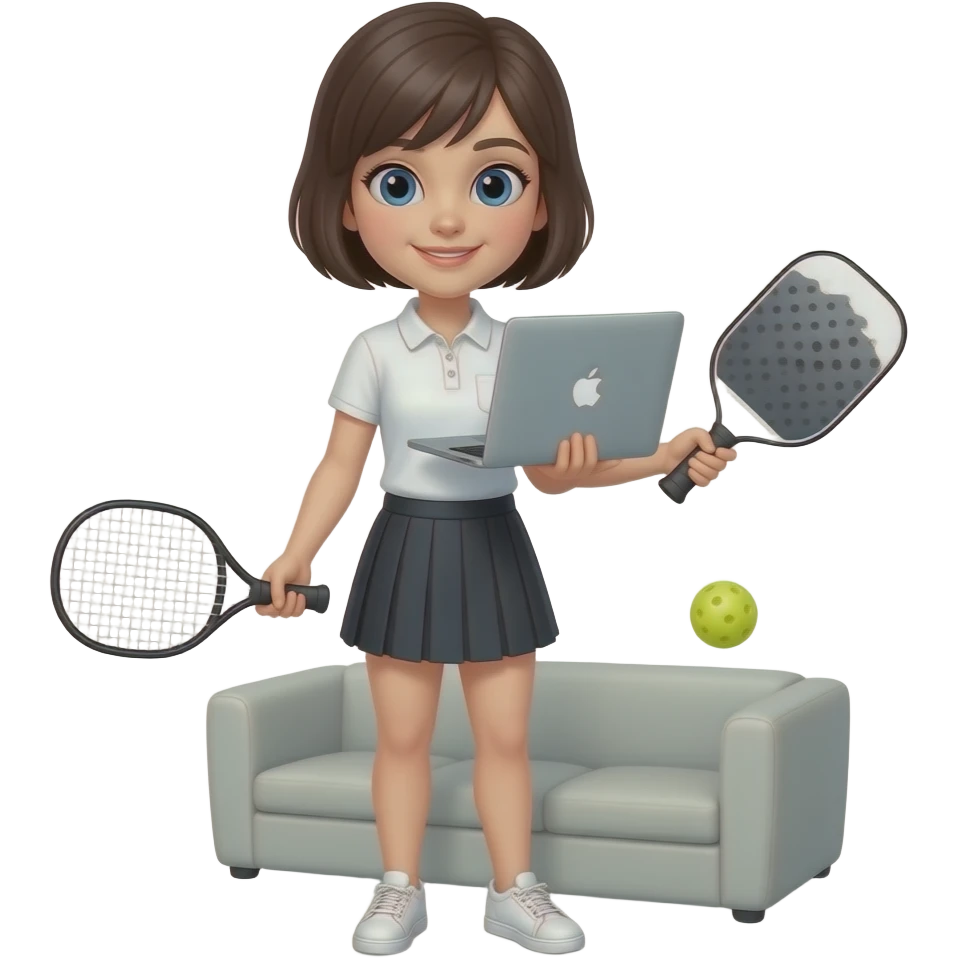 short haired blue eyes girl working on apple mac, holding pickleball gray paddle white polo shirt, black skirt, white snickers emoji
