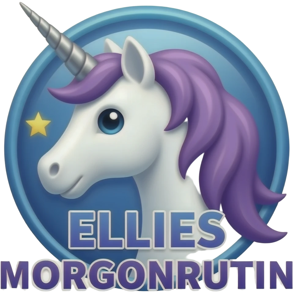 banner that says "ELLIES MORGONRUTIN" with a unicorn in calm colors like violet and blue to symbolize evening emoji