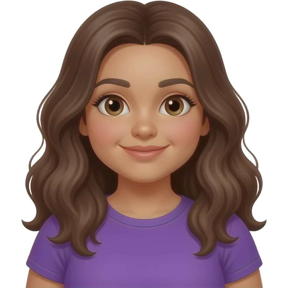 Make a chubby yet beautiful medium skintone girl, brown long wavy hai, make her wear a purple tshirt, and make her look cute emoji