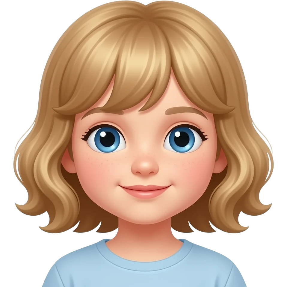 white kid blue eyes mid length with bangs soft curly hair to shoulders in color: middle to little darker blond, tidy up toys emoji