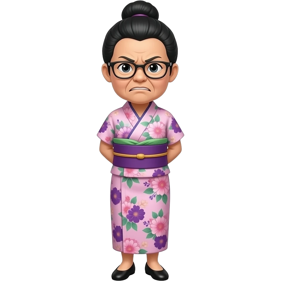 mad elderly asian woman, with black hair in a bun, wearing glasses and a rose pink, purple and green floral japanese dress and black flat shoes, with her hands behind her back emoji