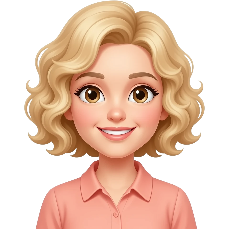 Short blond hair in spiral curls with a love it look in a peach blouse emoji