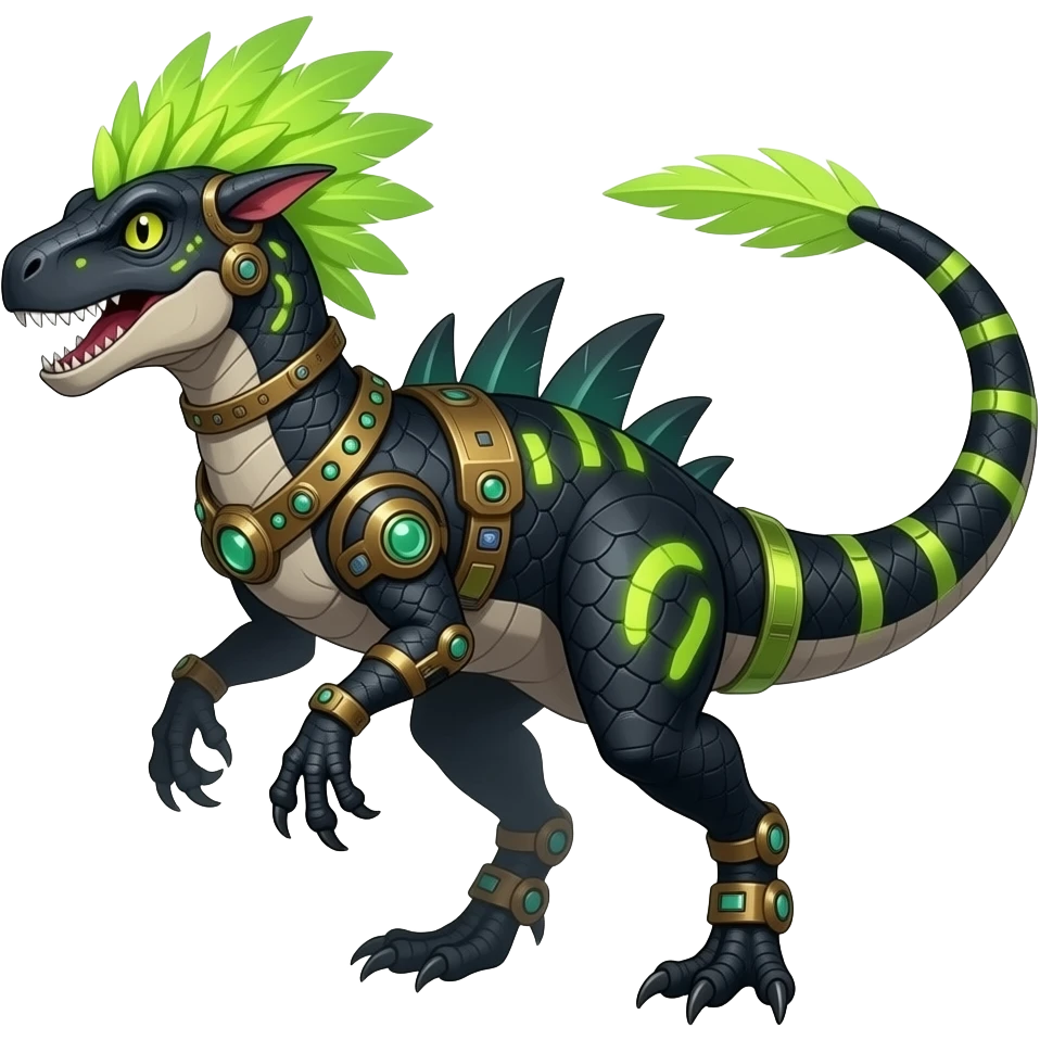 Cool edgy ancient black-scaled with neon-colored stripe markings digitigrade bipedal vintage futuristic raptorik fantasy-Cyberpunk-Steampunk-Solarpunk-Genesect-Salamence-Cyclizar-Salazzle-Feraligatr-Fakémon-animal-hybrid, with neon feather-mane, and a tail blade, back spikes, full body emoji