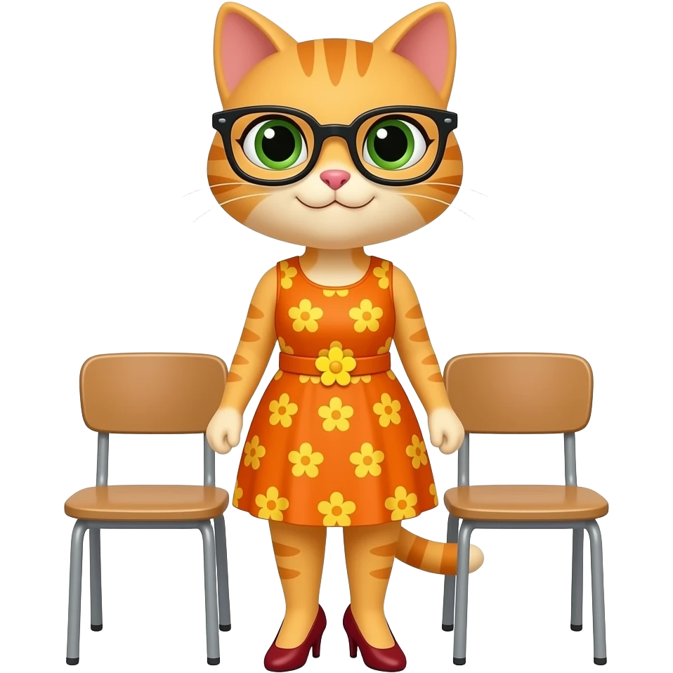 Mrs.Kat(Teacher(Orange-Yellow Mother Cat Of Kat(With Orange Short Dress With Yellow Flowers Without Plants Without Sleeves With Tiny Orange Belt With Yellow Flowers Without Plants, Dark Red High Heels Shoes And Black Eyeglasses))) Stands At 2 Chairs On Legs. emoji