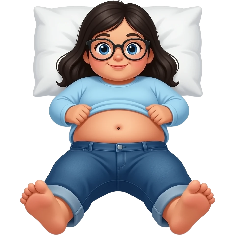 Obese Hispanic little girl with black long hair and blue eyes rounded black glasses plain light blue long sleeve shirt and dark blue baggy jeans and belly button laying down on her pillow on her bed showing her feet lifting her shirt all the way up emoji