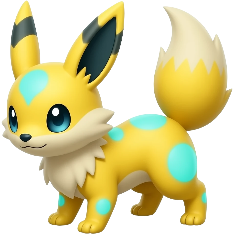 Yellow Zorua-Fennekin-Manectric-Electrike-Furret-Vaporeon-Fakémon-hybrid with glowing neon cyan markings emoji