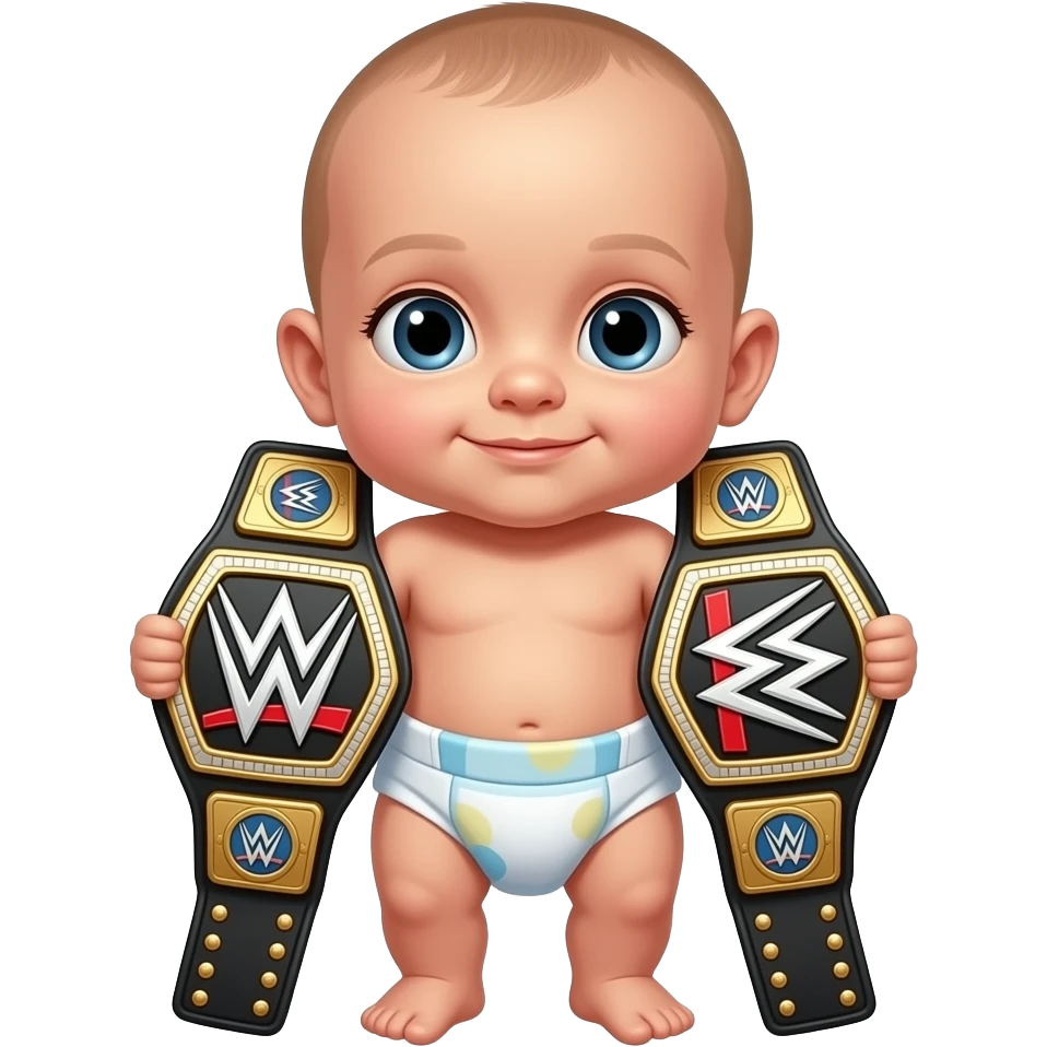 a cosmic, bald newborn in a diaper holding up a wrestling championship belt emoji