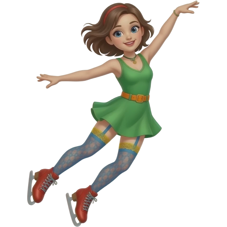 Girl(With Red Shoes With Orange Trim) Jumps And Lifts Green Short Dress Without Sleeves Up To See Blue Lace Stocking With Teal Garter Belt With Lace Yellow Panties And Belly Button In Skating Windy Dancing. emoji