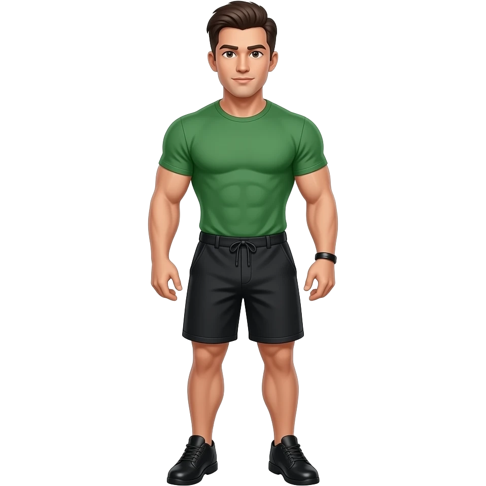 muscular jock with dark brown hair, combed back, wearing a green t-shirt, black shorts, black shoes and a slender black rubber bracelet emoji