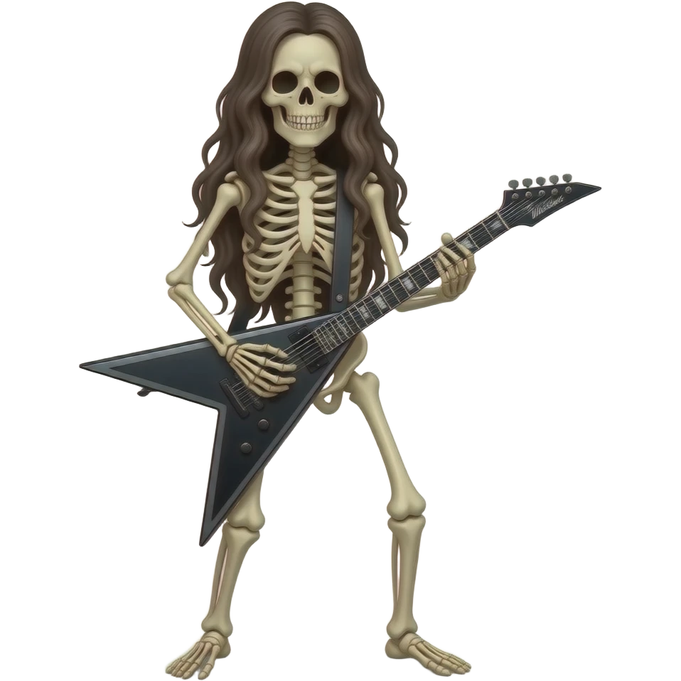 A "full body" long haired skeleton playing a "B.C. Rich Warlock" style guitar emoji