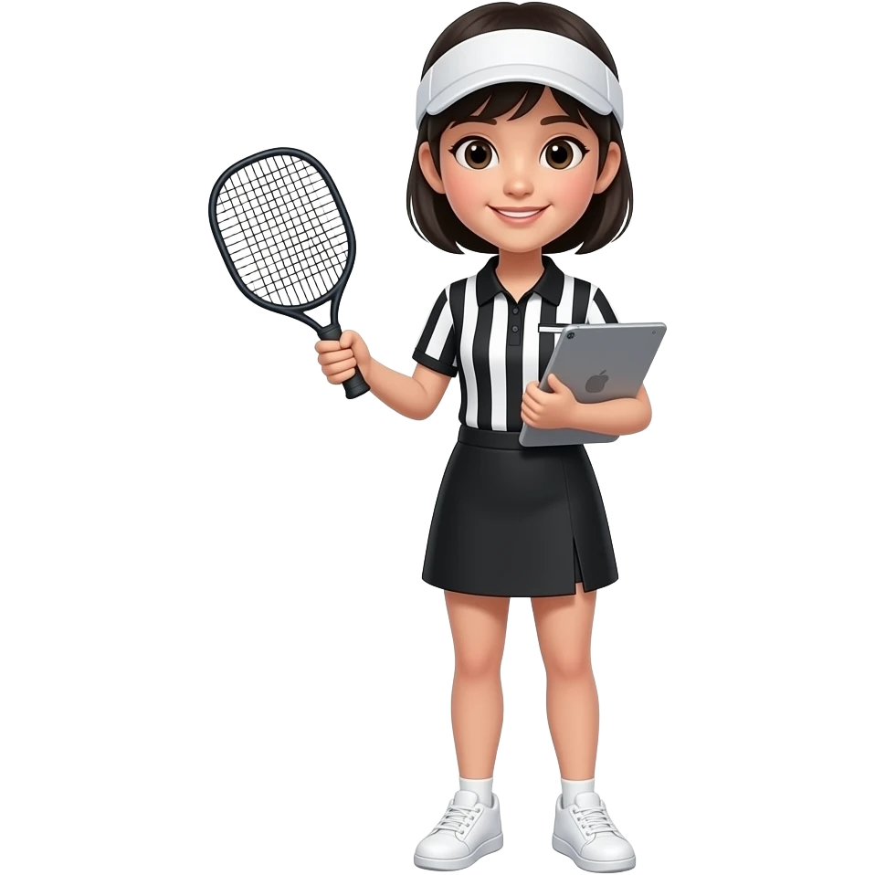short haired asian girl pickleball referee holding ipad and no paddle, wearing sun visor, black white vertical stripes polo shirt, black skirt, white snickers emoji