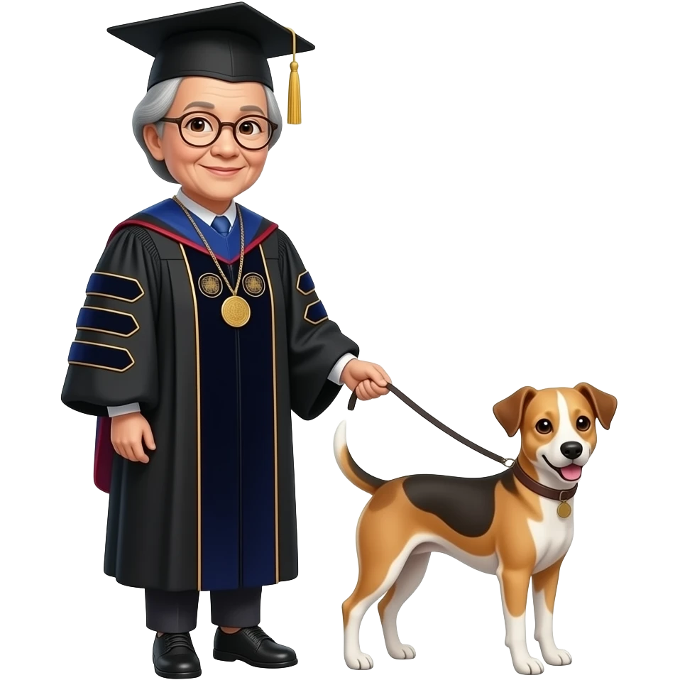 older female asian dean holding a leash on a thin dog emoji