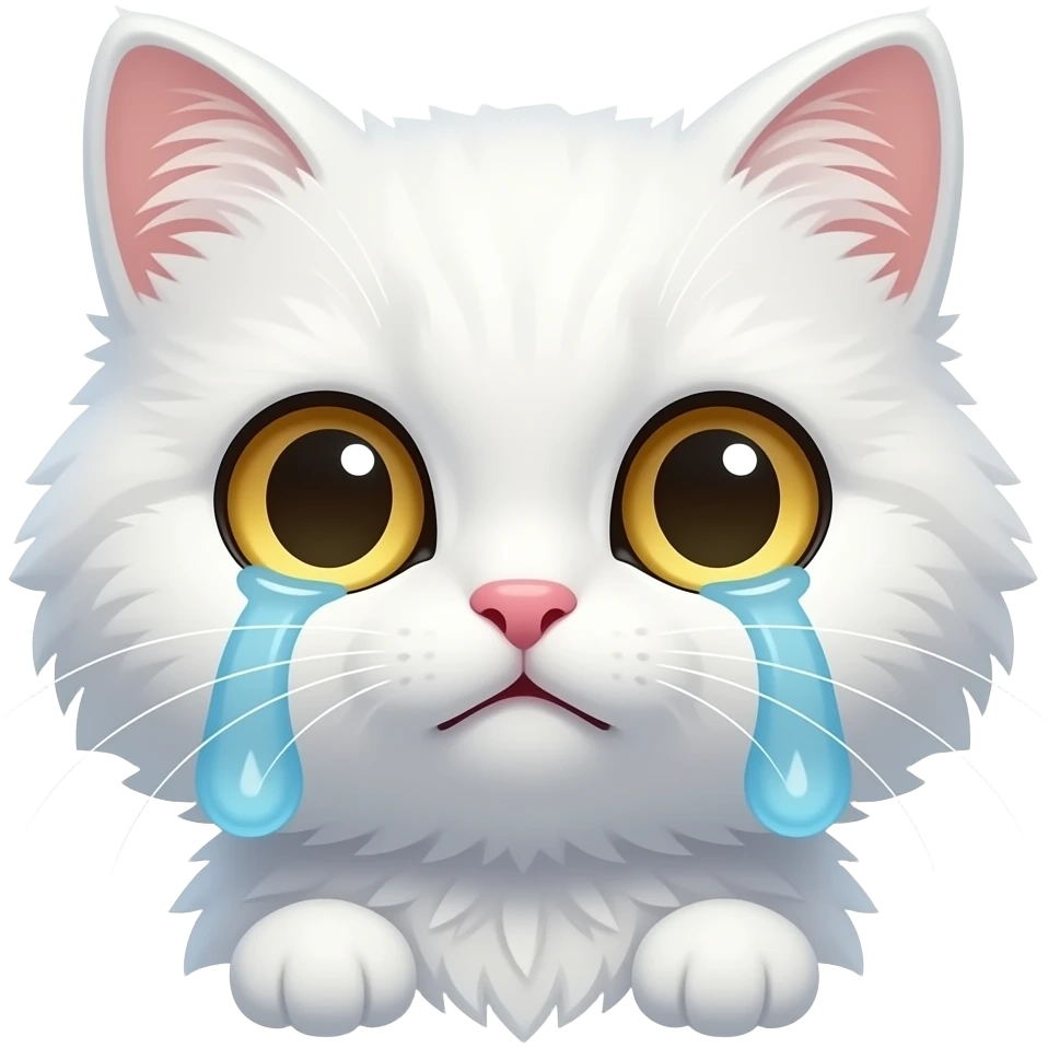 cute white cat with golden eyes, fluffy fur, polished chibi style, discord emote, twitch emote, transparent background, thick clean outline, soft shading, expressive face, high contrast, crying emoji