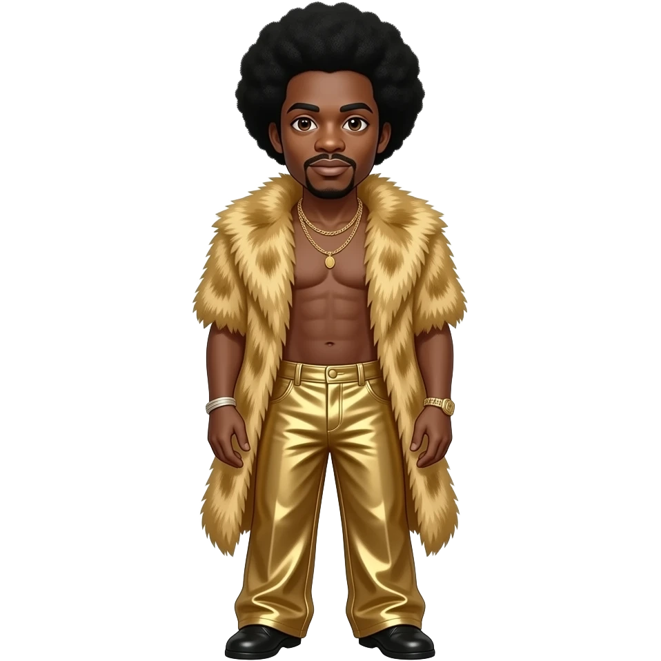 James Brown with brown eyes, black conk hair, gold fur shawl, gold metallic baggy pants, shirtless with necklace emoji