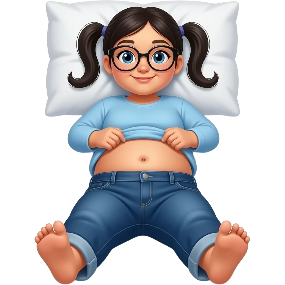 Obese Hispanic little girl with black pigtails and blue eyes rounded black glasses plain light blue long sleeve shirt and dark blue baggy jeans and belly button laying down on her pillow on her bed showing her feet lifting her shirt all the way up emoji