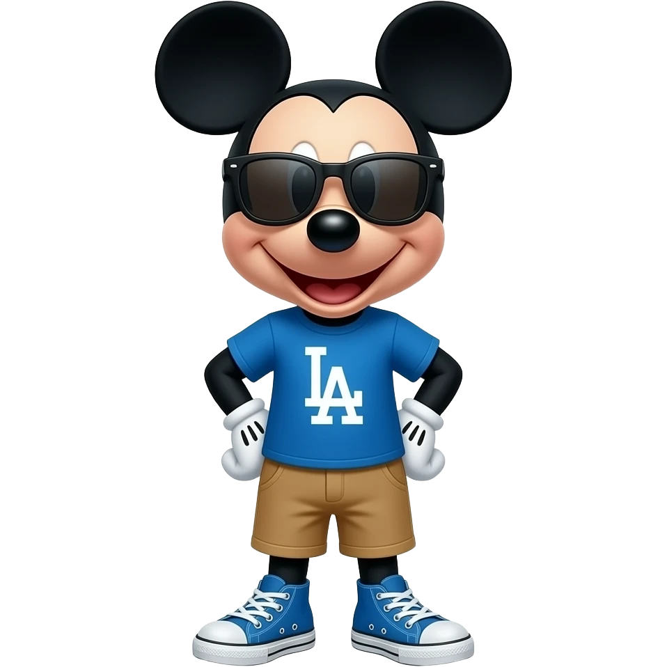 Mickey Mouse wearing blue L.A. Logo T-shirt, tan shorts and blue Converse All-Star shoes, Cool dark sunglasses, smiling happily. emoji